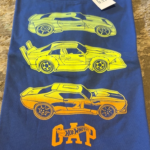 GAP X Blue Hot Wheels Mattel Collab T-Shirt with Yellow/Orange Hot Wheels - Picture 1 of 2